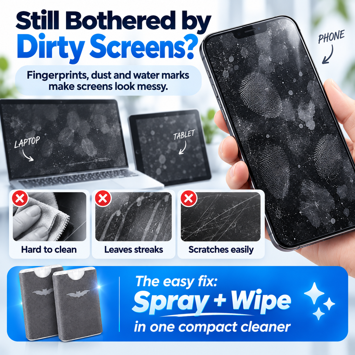 ⏰2-in-1 Screen Cleaner & Microfiber Wipe – Portable & Refillable🧽