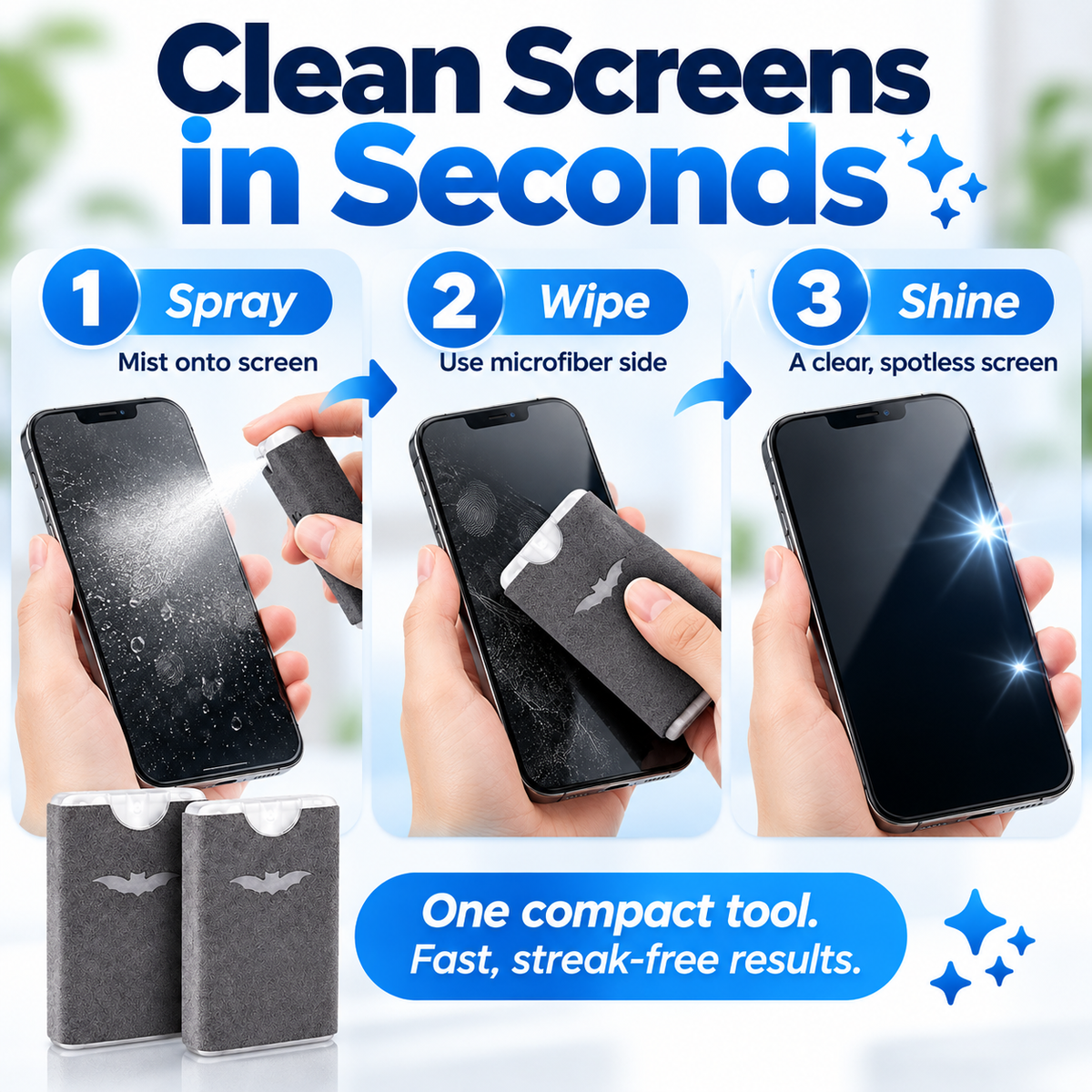 ⏰2-in-1 Screen Cleaner & Microfiber Wipe – Portable & Refillable🧽