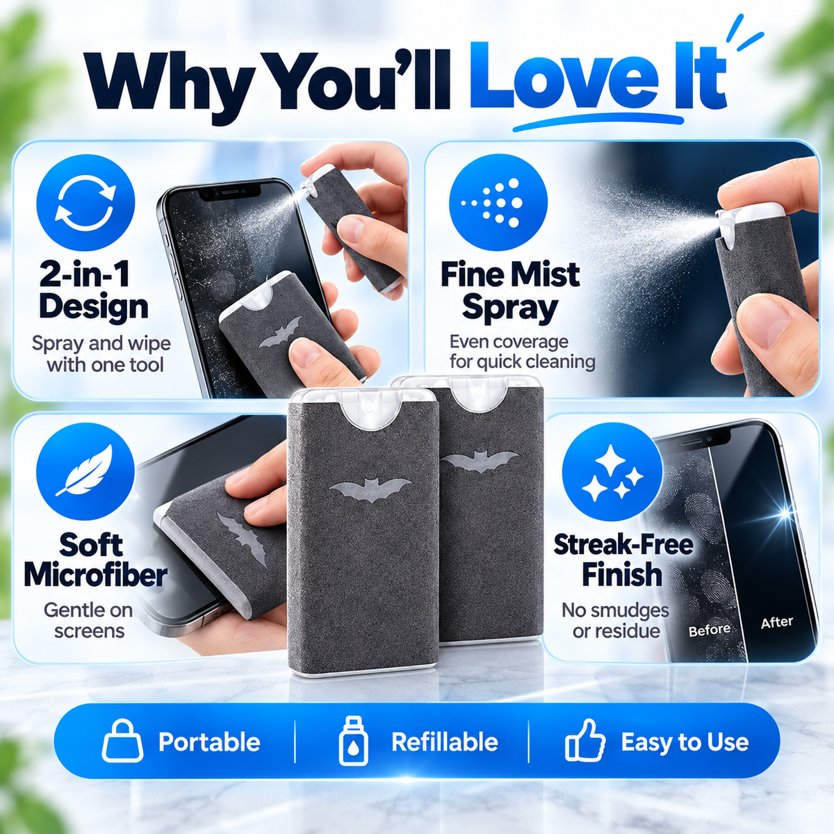 ⏰2-in-1 Screen Cleaner & Microfiber Wipe – Portable & Refillable🧽