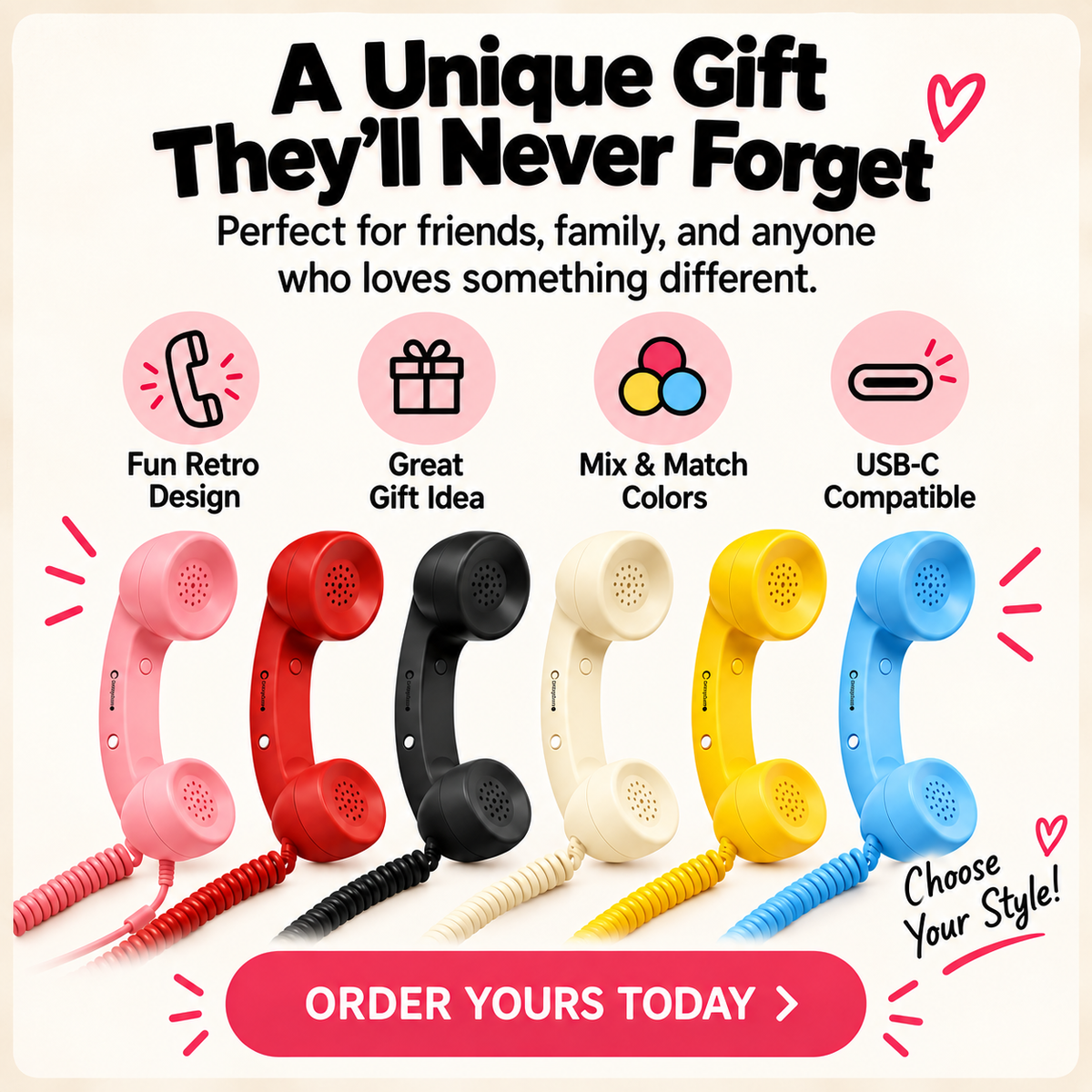 📞 Retro Phone Handset for USB-C Phones – Plug In & Make Calls Fun Again